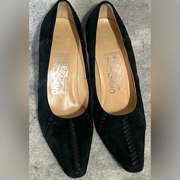 VTG*Salvatore Ferragamo Nero Suede/Leather Patchwork Pumps~7.5B~square toes - Picture 2 of 16